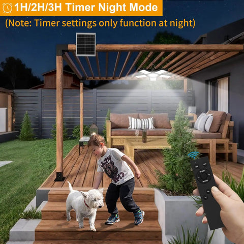 Solid Solar Motion Floodlight Featuring 267 Killer Leds And Tilt Head Glows Day Or Night Like A Charm Tough Wall Lamp For Sheds Garages And Open Porches Remote Control Included Right Now, illuminating a patio at night with child and dog.