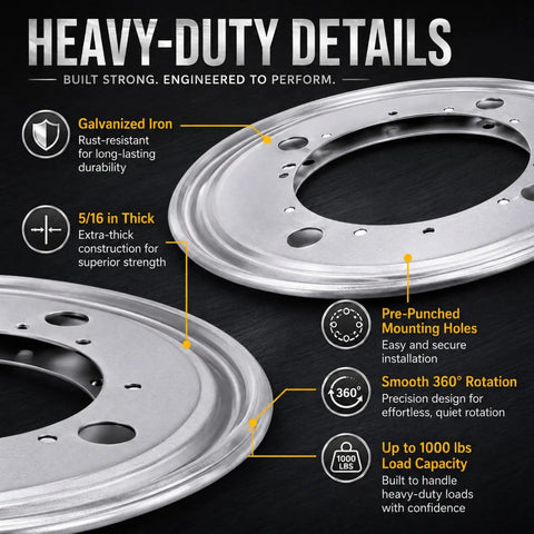 Close-up of Built Tough Lazy Susan Hardware Six Pack, 9 Inch Turntable Bearings showing galvanized iron, 5/16 inch thickness.
