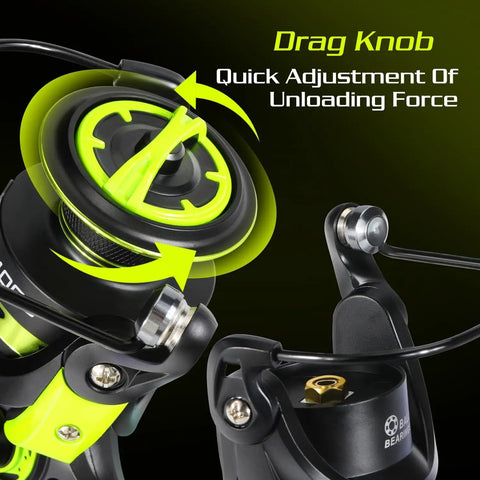 Close-up of a drag knob on lightweight spinning reel with ultra smooth action for saltwater and freshwater.