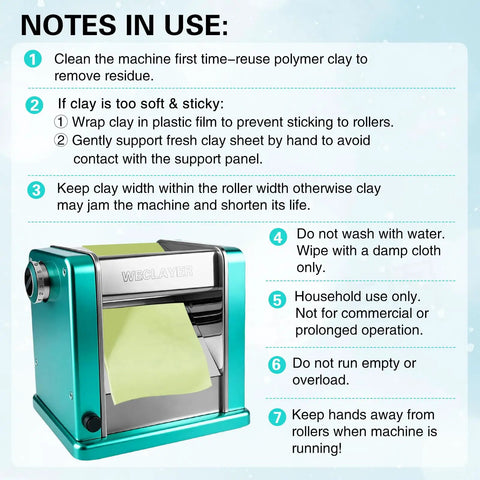 Notes in use for Heavy Duty Electric Polymer Clay Press Machine with adjustable thickness settings and stainless steel rollers.