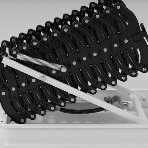 Rock Solid Electric Attic Ladder With Remote Controlled Folding Pull Down Loft Stairs showcasing the motor and spring mechanism.