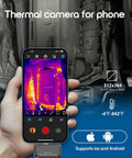 Thermal Imaging Camera For iPhone And Android With 512x384 IR Resolution And USB C, Temperature Range Minus Four To Eight Hundred Forty Two Fahrenheit, Works With iOS Android And Windows, Includes Dedicated Camera Plus App showing thermal image on phone.