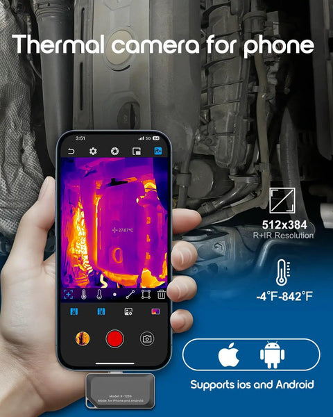Thermal Imaging Camera For iPhone And Android With 512x384 IR Resolution And USB C, Temperature Range Minus Four To Eight Hundred Forty Two Fahrenheit, Works With iOS Android And Windows, Includes Dedicated Camera Plus App showing thermal image on phone.