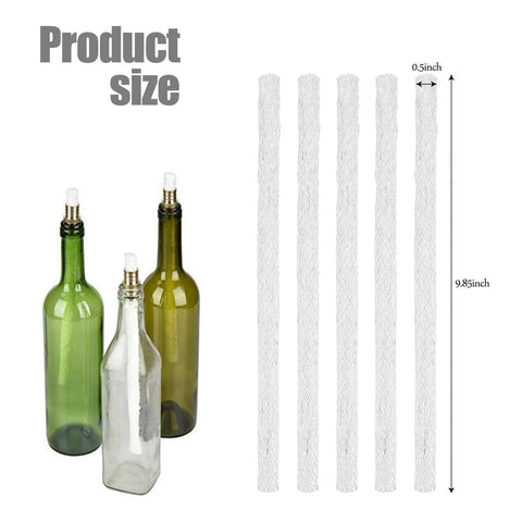 5 Pack Replacement Wicks For Tiki Torches And Oil Lamps Built To Last Premium Long Life Fiberglass Torch Wicks For Durable Burns Bottle Oil Lamp Wicks 25cm 9.85in Outdoors, shown beside green and clear glass bottles