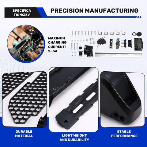 Heavy Duty Downtube Ebike Battery Case For Up To Ninety One 18650 Cells Diy Electric Bike Pack With Rock Solid Mechanical Lock And Thirty Six Volt Ready Setup For Daily Rides image showing battery case components and specs.