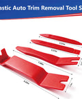 Red plastic tools from 7 Piece Pro Grade Car Trim Removal Tool Kit With Non Scratch Plastic Pry Tools And Fastener Clip Pliers, dimensions shown