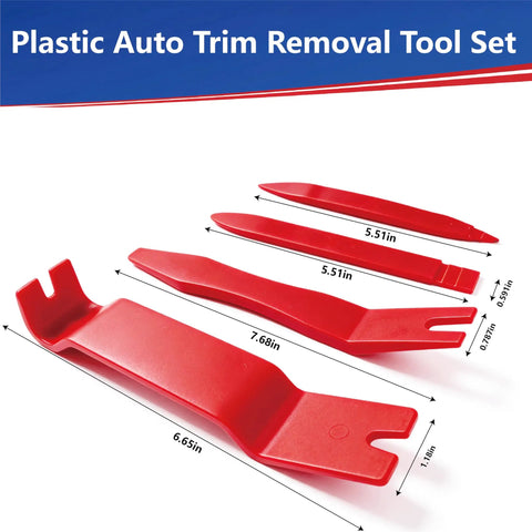 Red plastic tools from 7 Piece Pro Grade Car Trim Removal Tool Kit With Non Scratch Plastic Pry Tools And Fastener Clip Pliers, dimensions shown