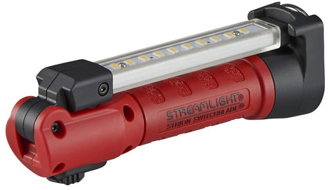 Red rechargeable 500 Lumen Compact LED Work Light with Color Rite Technology, five lights in one, shown with USB cable attached.