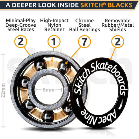 SKITCH 608 skateboard bearings set with washers and spacers, chrome steel, 8mm ID x 22mm OD x 7mm, 8-pack