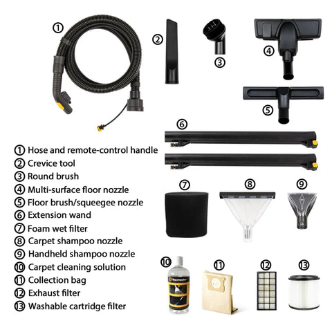Professional Grade Wet Dry Upholstery Shampoo Vacuum Featuring Remote Control Handle And Six Gallon Tank For Autos Carpets And Furniture Bad Ass Dirt Hog Rig hose, nozzles, filters, and shampoo solution accessories.