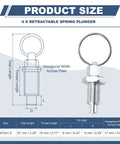 4 Pack Stainless Steel Spring Plungers With Pull Ring M10x1.5 Retractable Indexing Plungers For Molds, Cabinets, And Industrial Equipment 304 Stainless Durable And Corrosion Resistant. Size chart showing 57 mm total length and 18 mm thread.
