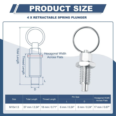 4 Pack Stainless Steel Spring Plungers With Pull Ring M10x1.5 Retractable Indexing Plungers For Molds, Cabinets, And Industrial Equipment 304 Stainless Durable And Corrosion Resistant. Size chart showing 57 mm total length and 18 mm thread.