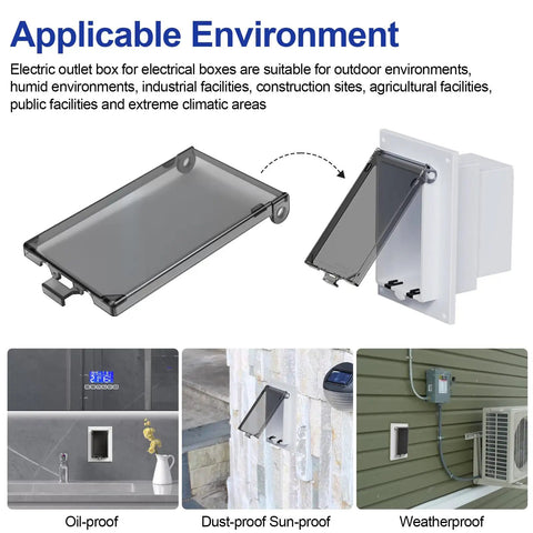 Slick Smoky Clear View Electrical Outlet Box Covers Type 3r Wet Location Enclosure 4 Pack shown in outdoor and indoor settings.