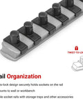 Close-up of socket rail with twist-to-lock feature for Three Eighths Inch Drive Tamper-Resistant Torx Bit Socket Set with rail, 12-piece TR10 through TR60.