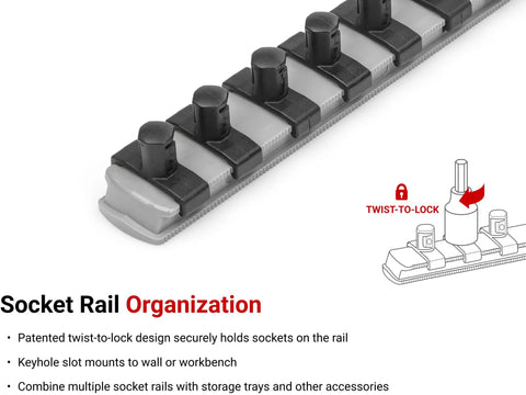Close-up of socket rail with twist-to-lock feature for Three Eighths Inch Drive Tamper-Resistant Torx Bit Socket Set with rail, 12-piece TR10 through TR60.