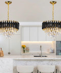 Modern Crystal Chandelier in Black and Gold 16 Inch 3 Tier Round Pendant Light hanging over kitchen island