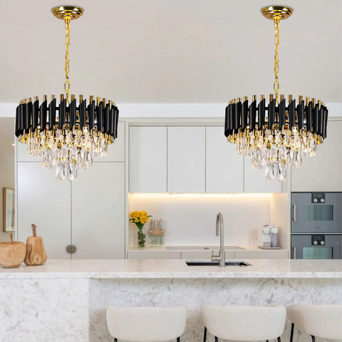 Modern Crystal Chandelier in Black and Gold 16 Inch 3 Tier Round Pendant Light hanging over kitchen island