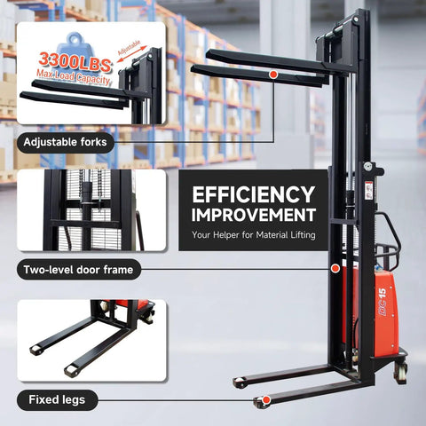 Fworkleft Semi Electric Pallet Stacker With 3300 Lb Capacity And Lithium Battery Powered Walkie Design Featuring 98 Inch Lift Height For Warehouse Tasks, adjustable forks and fixed legs.