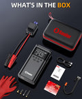 Beefy 6000A Jump Starter With Air Compressor, LED display, heavy duty cables, gloves, and accessories with compact case.