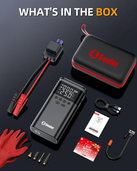Beefy 6000A Jump Starter With Air Compressor, LED display, heavy duty cables, gloves, and accessories with compact case.