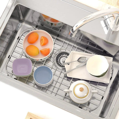 Stainless Steel Sink Grid Protector For Kitchen Sink 26 Inch By 14 Inch Center Drain Hole 5.1 Inch Durable Bottom Rack With Dishes