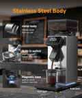 Commercial Grade 64mm Flat Burr Coffee Grinder Hella Precise with 90 Adjustments for Espresso Pour Over French Press, stainless steel body, built-in switch, digital timer.