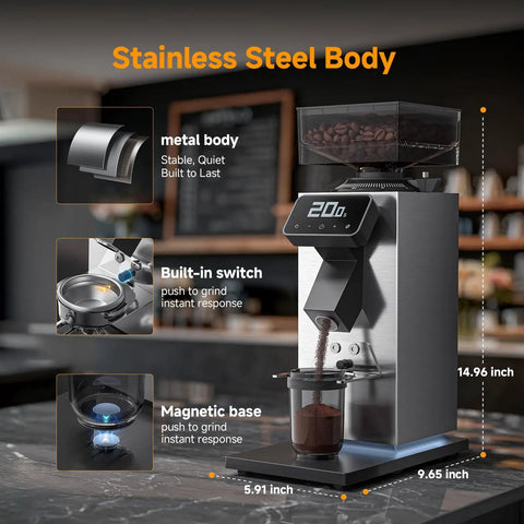 Commercial Grade 64mm Flat Burr Coffee Grinder Hella Precise with 90 Adjustments for Espresso Pour Over French Press, stainless steel body, built-in switch, digital timer.