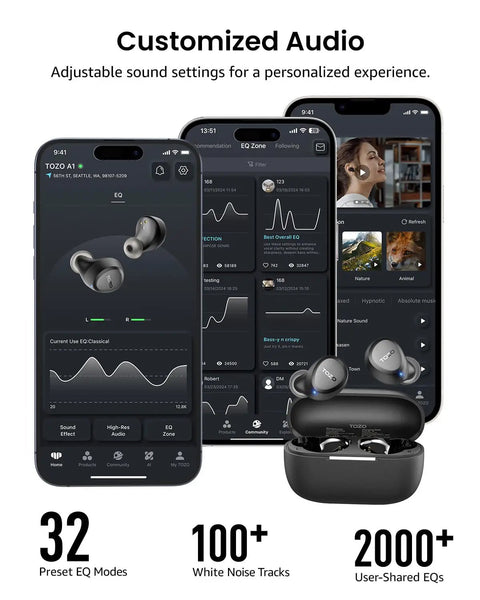 Customized audio settings for Slick Wireless Earbuds For Small Ears Bluetooth 5.3 Ultra Lightweight setup with app display.