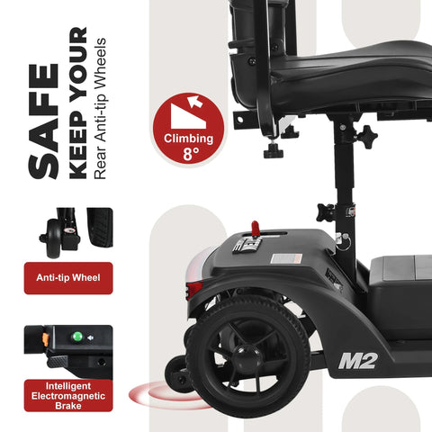 Side view of a black Metro Mobility M2 four-wheel folding mobility scooter with anti-tip rear wheel.