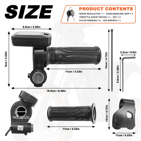 Integrated M Key Display Throttle Grip With LCD Speedometer For Soleil 01 Electric Motorcycle 48V Upgrade, black, dimensions shown