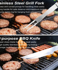 Close-up of grill cooking burgers and sausages with Heavy Duty BBQ Grill Tools Set With Non Slip Stainless Steel Utensils 22 Pieces