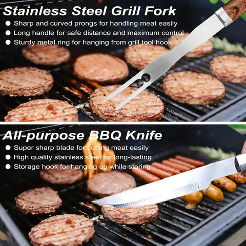 Close-up of grill cooking burgers and sausages with Heavy Duty BBQ Grill Tools Set With Non Slip Stainless Steel Utensils 22 Pieces