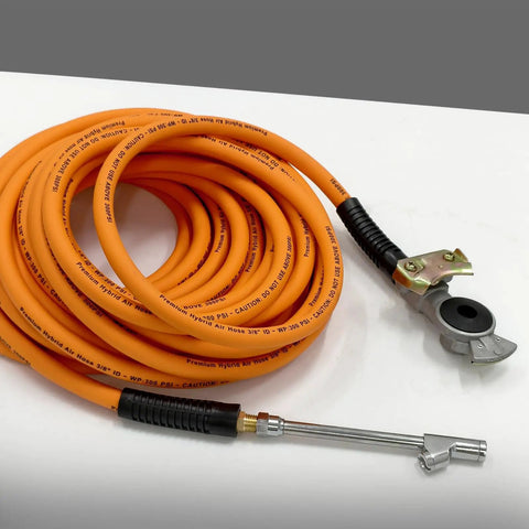 50 Ft Truck Air Hose Kit With Universal Glad Hand And 30 Degree Dual Chuck, 3/8 Inch Hybrid Tire Inflator Hose For Heavy Duty Onboard Air Systems, 300 PSI Lightweight Tire Inflator coiled on surface