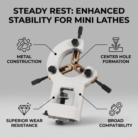 Heavy Duty Cast Iron Steady Rest For 8X16 Mini Lathe with metal construction and center hole for stable support.