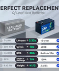 Comparison of 6Ah 24V LiFePO4 battery pack with 29.4V 1A charger versus lead-acid battery highlighting benefits and features