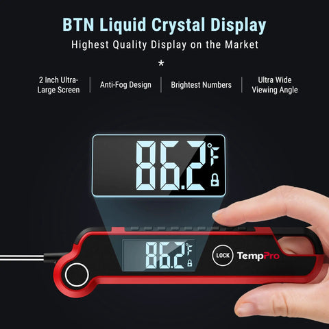 Hand holding Instant Read Meat Thermometer Digital For Kitchen And Grill with ultra large two inch LCD display