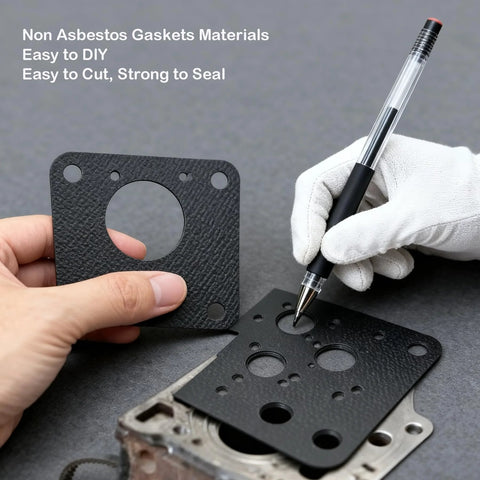 3-pc black gasket paper sheets for high-temp engine sealing; close-up of hand marking a hole with a pen.