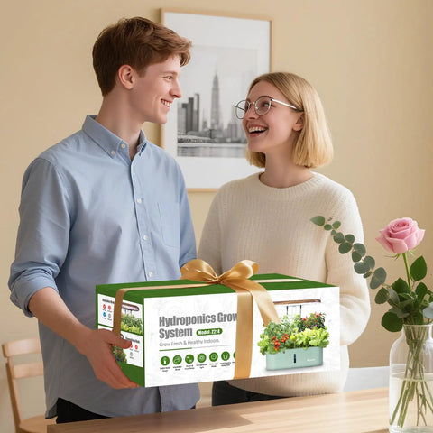 Couple holding Indoor Hydroponic Garden System With 12 Pods And LED Grow Light box in a home setting