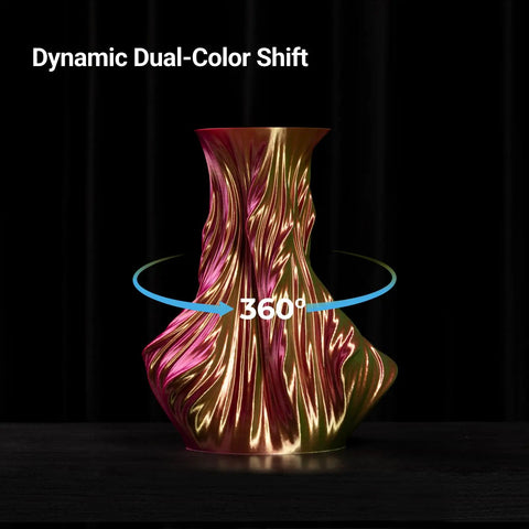 Premium Silk PLA 3D Printer Filament 1.75Mm 2.2 Pound Spool shown as a glossy vase with dynamic dual-color shift.