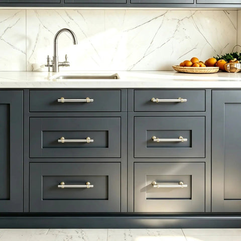 Kitchen with 10 pack brushed nickel and gold cabinet handles and drawer knobs set, seven and a half inch hole center, zinc alloy furniture pulls