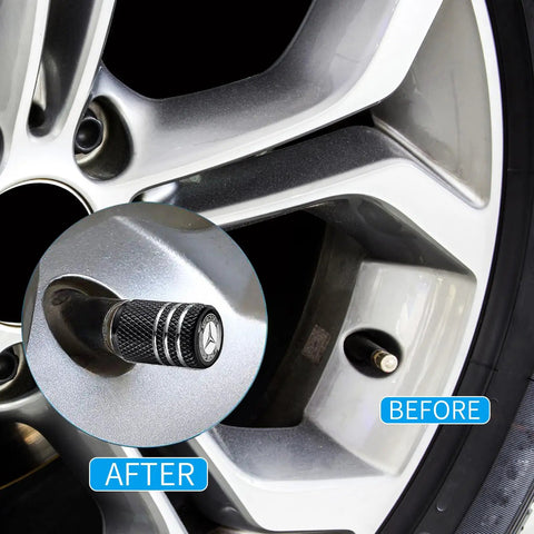 Mercedes Benz Tire Valve Stem Cap Covers 4 Pack Aluminum Alloy Air Valve Caps Black Corrosion Resistant on car wheel