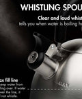 Close-up of whistling spout and max fill line on a Whistling Stovetop Tea Kettle With Food Grade Stainless Steel, 1.5 Quart Capacity.