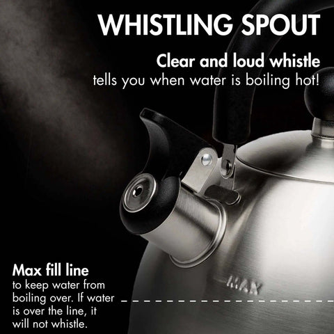 Close-up of whistling spout and max fill line on a Whistling Stovetop Tea Kettle With Food Grade Stainless Steel, 1.5 Quart Capacity.