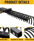 49 Inch Landscape Rake Attachment With 17 Spring Steel Tines for ATV UTVs; close-up of black steel rake showing detachable tines.