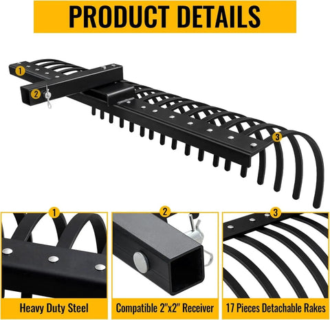 49 Inch Landscape Rake Attachment With 17 Spring Steel Tines for ATV UTVs; close-up of black steel rake showing detachable tines.