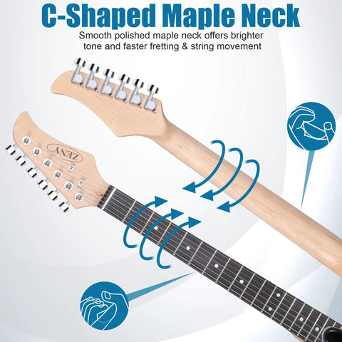 C-shaped maple neck of 39 Inch Full Size Electric Guitar Starter Pack With Amp Nylon Carrying Case and Accessory Kit Blue for Beginners Ready To Jam Out Of The Box Includes Tuner Cables Straps Extra Strings All Wood Construction Maple Neck