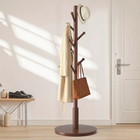Freestanding Wooden Coat Rack With Eight Rounded Tip Hooks Three Adjustable Heights Hat And Coat Tree Stand For Entryway Hallway Bedroom Or Office Sturdy Brown Finish