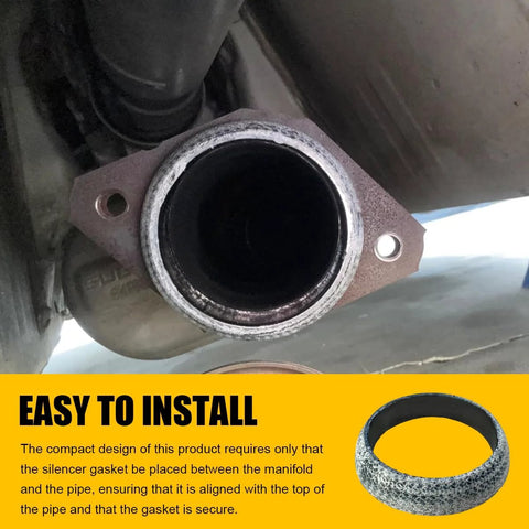 Installed view: 65mm graphite exhaust flange gasket (donut seal) between exhaust pipe and manifold