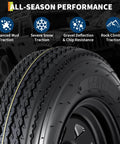 Close-up of 2 Pack Trailer Tire On Rim 4.80-12 480-12 4.80x12 Tires with black rim, showing all-season performance features.