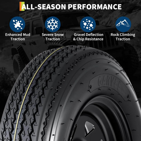 Close-up view of a heavy-duty trailer tire showcasing all-season performance features with mud, snow, gravel, and rock traction.